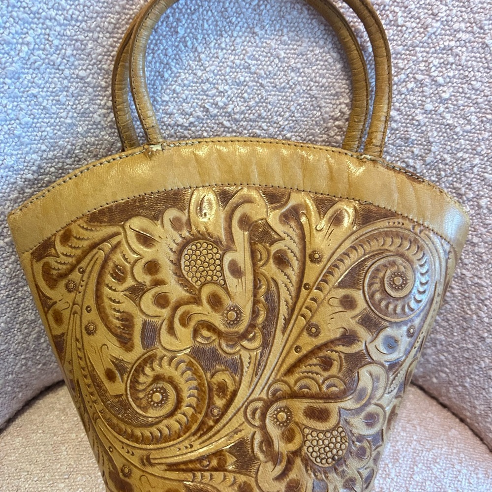 Vintage Hand Carved Leather Handbag by Gaitan in Mexico